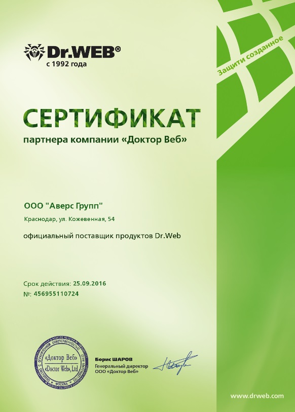 Сертификат партнера Dr.WEB 2015